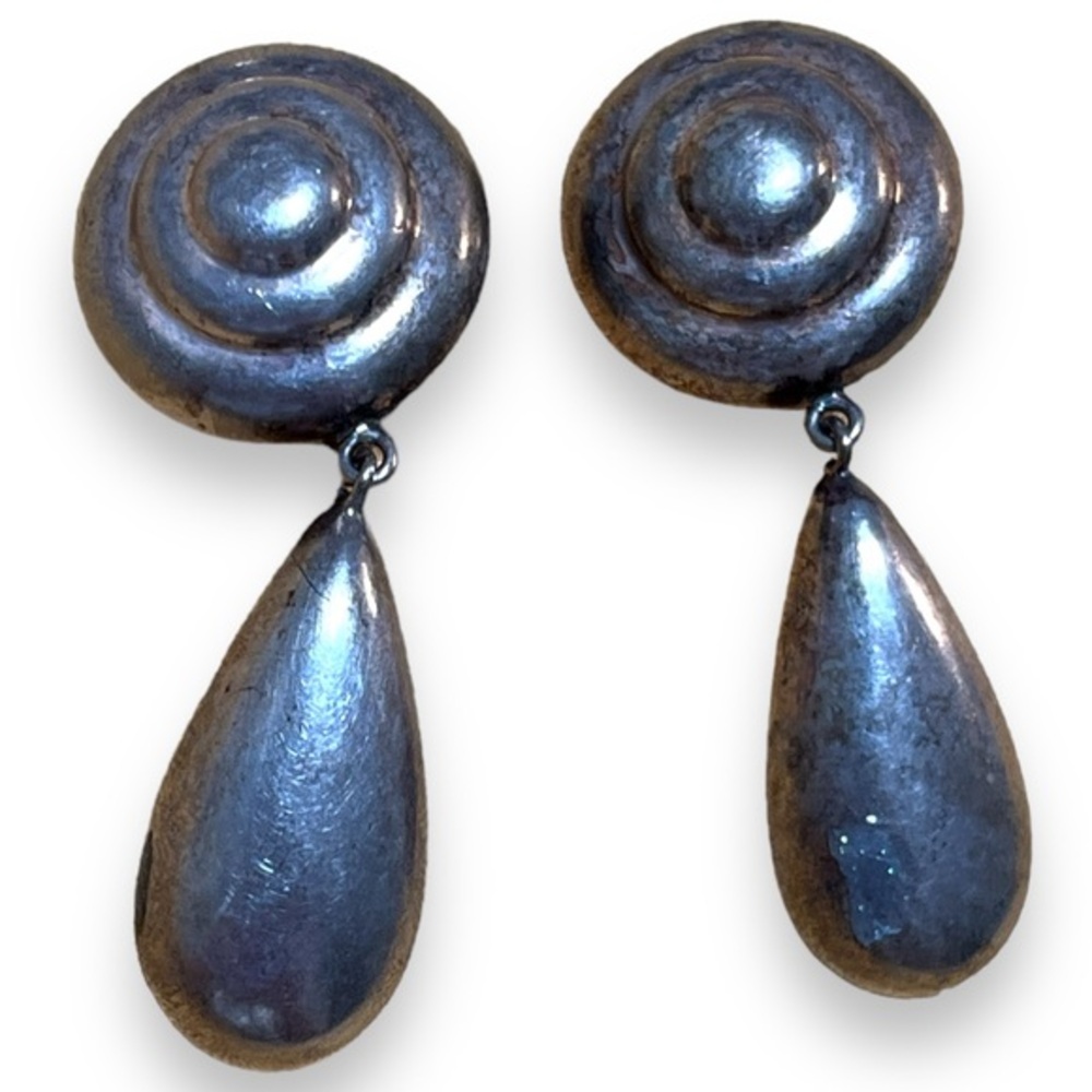 Sterling silver 925 Thailand clip on disk oval drop Earrings Vintage 1980s